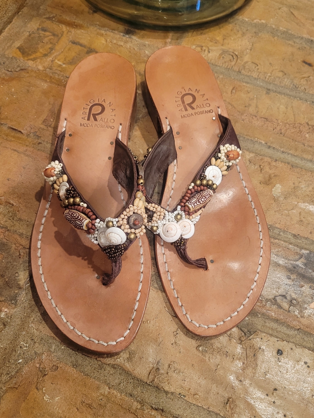Artigianato Rallo Brown Beaded Leather Thong Sandals